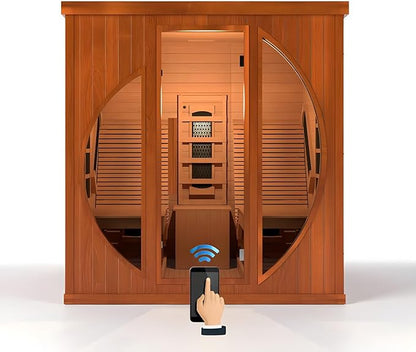 ZONEMEL Infrared Wi-Fi Remote Control Sauna with Recliner, Red Cedar Wooden Luxury Indoor Sauna Room with 9 Heating Panels, Full Spectrum, Oxygen Bar, 3400 Watt, 220V, 7-Color Light
