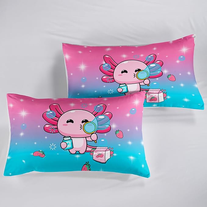 Kawaii Axolotl Comforter,Pink Salamander Comforter Set for Kids Teens Girls,3Pcs Bedding Set Printed Comforter with 2 Pillowcases,Down Alternative,Soft and Lightweight(Pink，Twin Size)