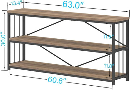 IBF Industrial 3 Tier Bookshelf, Rustic Low Wood and Metal Book Shelf, Farmhouse Long Wide Open Horizontal Bookcase, Modern Large Vintage Etagere for Home Office Bedroom Living Room, Rustic Oak, 63 In