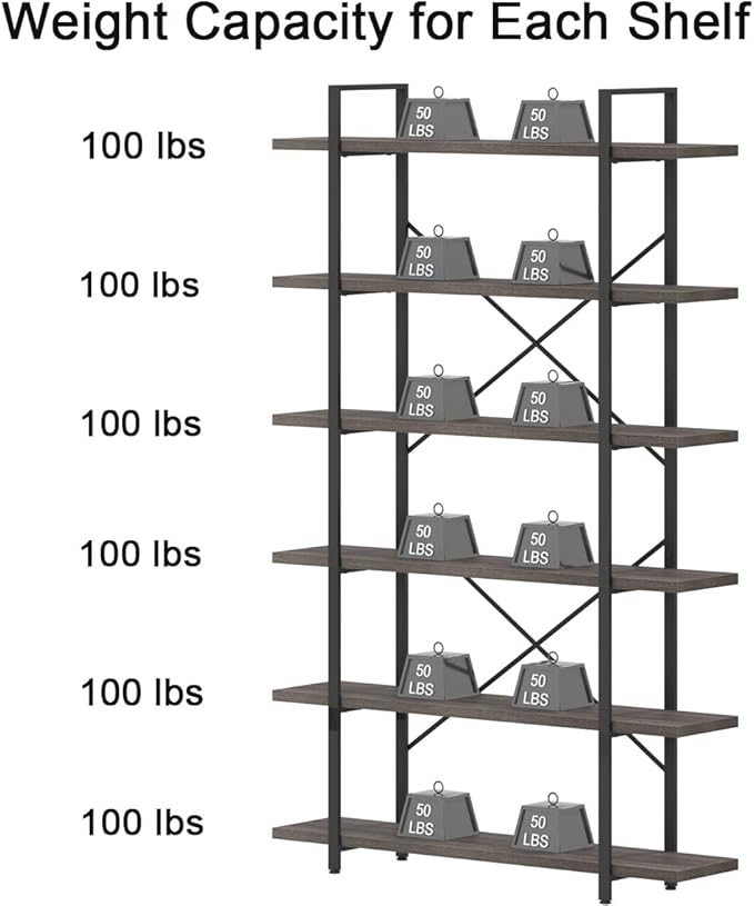 HSH Industrial Tall Bookshelf, Large Vertical Wood and Metal 6 Tier Book Shelf, Open 6 Shelf Bookcase for Bedroom Living Room Office, Vintage Display Storage Bookshelves and Bookcases, Dark Gray Oak
