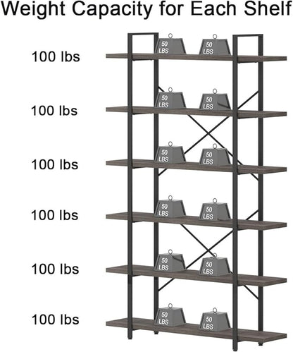 HSH Industrial Tall Bookshelf, Large Vertical Wood and Metal 6 Tier Book Shelf, Open 6 Shelf Bookcase for Bedroom Living Room Office, Vintage Display Storage Bookshelves and Bookcases, Dark Gray Oak