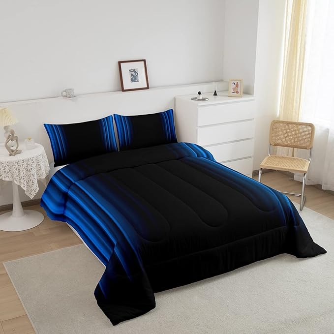 Geometric Abstract Ombre Comforter Set Kids Teens Blue Black Striped Bedding Bed Set Decor Modern Fashion Comforter Collection 3Pcs King Size Boys