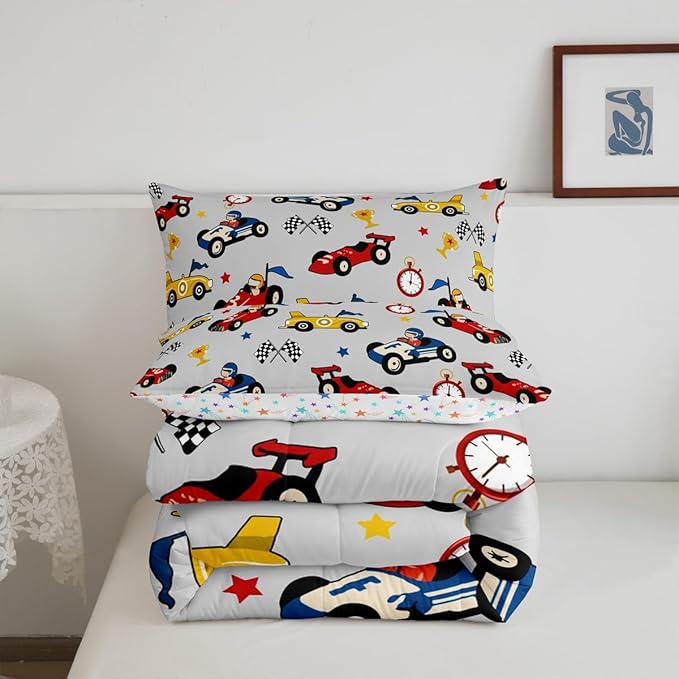 Feelyou Kids Cartoon Car Comforter Set Twin Size Racing Car Bedding Set for Boys Girls Teen Kids Children Home Decor Racing Car Comforter Race Cars Quilt Bed Set Red Grey Bedding Set for All Season