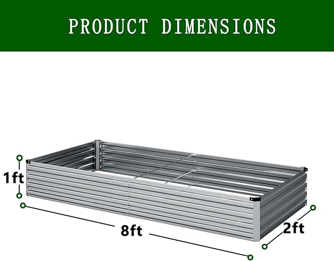 8×2×1FT(2PCS) Galvanized Raised Garden Bed Kit, Metal Planter Boxes，Large Outdoor Planters Garden for Planting Vegetables,Flowers,Herbs -Silver