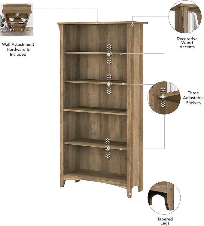Bush Furniture Salinas Tall 5 Shelf Bookcase in Reclaimed Pine