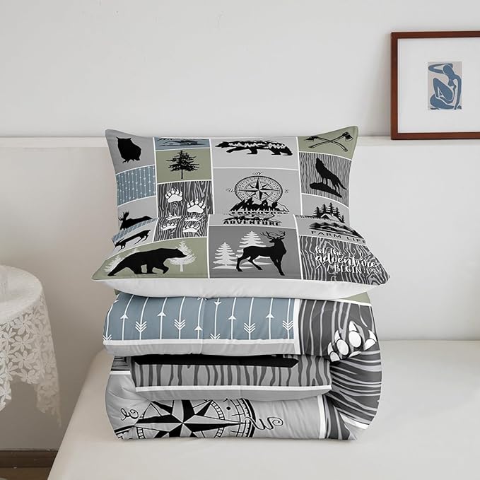 Rustic Farmhouse Cabin Kids Comforter Set Queen Size,Deer Bear Hunting Adventure Bedding Set for Boys Girls Adults Room Decor,Geometric Plaids Down Comforter,Gray Green Duvet Insert,2 Pillowcases