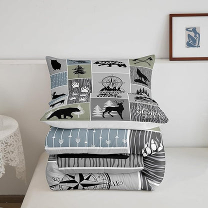 Rustic Farmhouse Cabin Kids Comforter Set Twin Size,Deer Bear Hunting Adventure Bedding Set for Boys Girls Adults Room Decor,Geometric Plaids Down Comforter,Gray Green Duvet Insert,1 Pillowcase