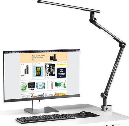 LED Desk Lamp, Desk Light for Home Office, Dual Light Source 18W Brightest, Eye-Caring Optical Lens, Office Lamp, 5 Color Modes & Brightness, Aluminum Alloy Drafting Light, Clamp Lamp, Black