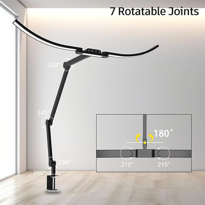 Architect Desk Lamp with Curved Light Bars, 33 Inches Long Wide Bright LED Desk Lamp with Clamp, 24W Dimmable Desk Light for Home Office Tall Swing Arm Table Light for Computer