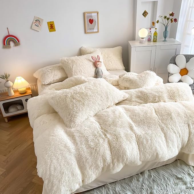 Faux Fur Kids Girls Milky White Comforter Sets Queen - 3PC Bed Set Warm Comfortable Soft Plush Flannel Velvet Fluffy Fuzzy Bedding（Comforter x 1 Pillowcases x 2）