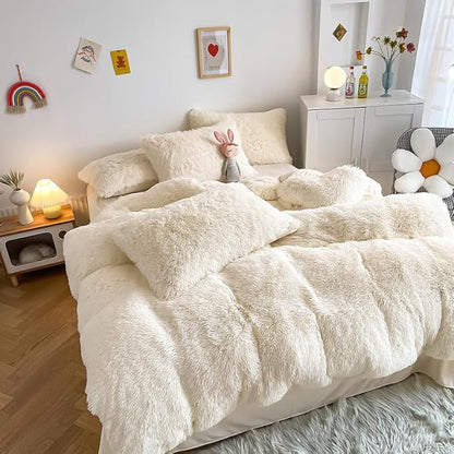 Faux Fur Kids Girls Milky White Comforter Sets Queen - 3PC Bed Set Warm Comfortable Soft Plush Flannel Velvet Fluffy Fuzzy Bedding（Comforter x 1 Pillowcases x 2）