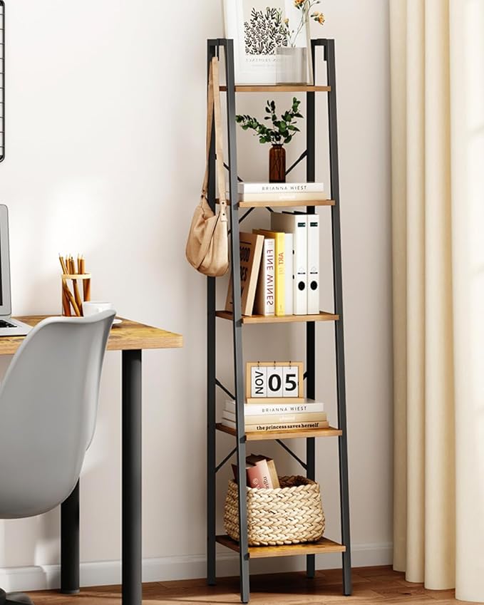 Ladder Shelf, Bookshelf Bookcase, Freestanding Corner Storage Shelve with 2 Hooks for Home Office, Living Room, Kitchen, Bedroom, Industrial, 5-Tier Rustic Brown BC03201B