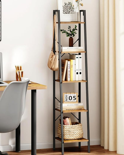 Ladder Shelf, Bookshelf Bookcase, Freestanding Corner Storage Shelve with 2 Hooks for Home Office, Living Room, Kitchen, Bedroom, Industrial, 5-Tier Rustic Brown BC03201B