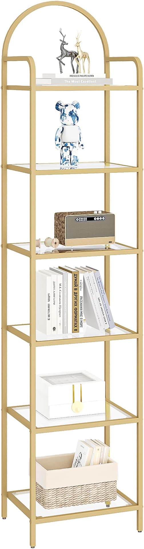 Bookcase Bookshelf, Tempered Glass Bookshelves, Slim Shelving Unit for Bedroom, Bathroom, Home Office, Steel Frame, 6 Tier Gold BC10601G