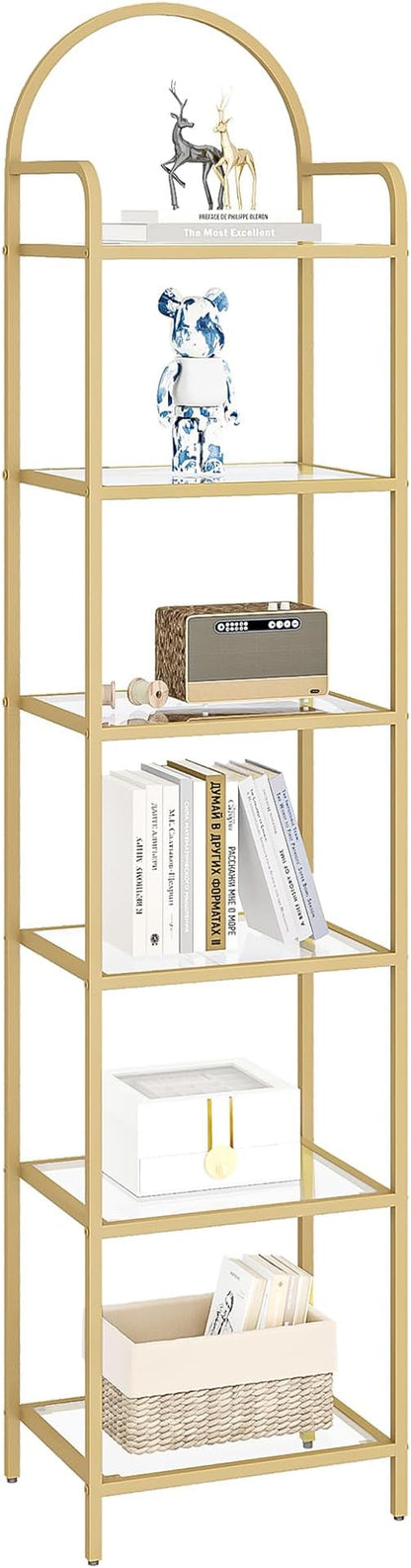 Bookcase Bookshelf, Tempered Glass Bookshelves, Slim Shelving Unit for Bedroom, Bathroom, Home Office, Steel Frame, 6 Tier Gold BC10601G
