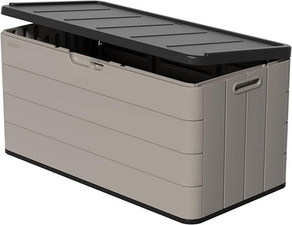 Heavy-Duty 100 Gallon Outdoor Storage Bench - Waterproof Patio Deck Box for Outside Use, Lockable Resin Storage with UV Protection, Granite Grey