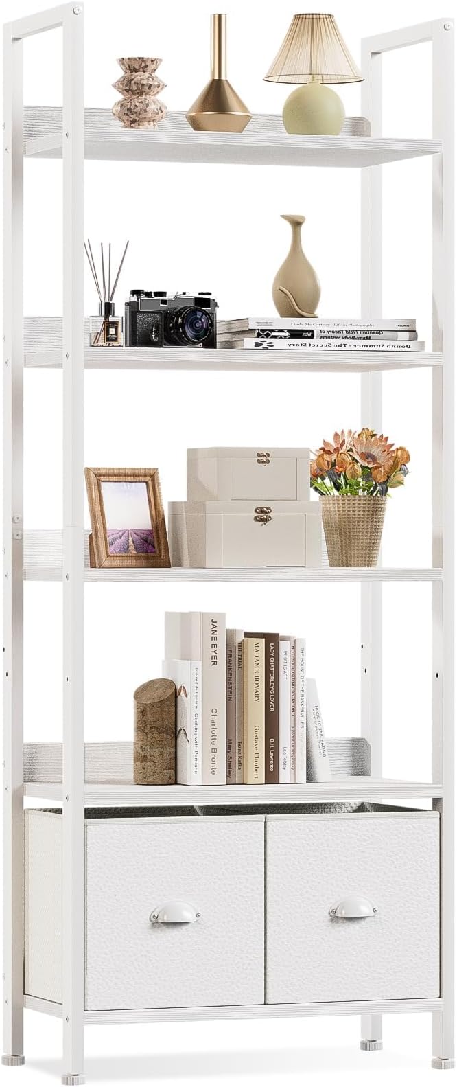 Furologee 5 Tier Bookshelf with Drawers, White Tall Bookcase with Shelves, Wood and Metal Book Shelf Storage Organizer, Modern Display Free Standing Shelf Unit for Bedroom, Living Room, Office