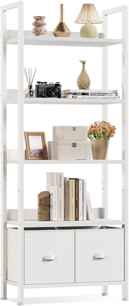 Furologee 5 Tier Bookshelf with Drawers, White Tall Bookcase with Shelves, Wood and Metal Book Shelf Storage Organizer, Modern Display Free Standing Shelf Unit for Bedroom, Living Room, Office