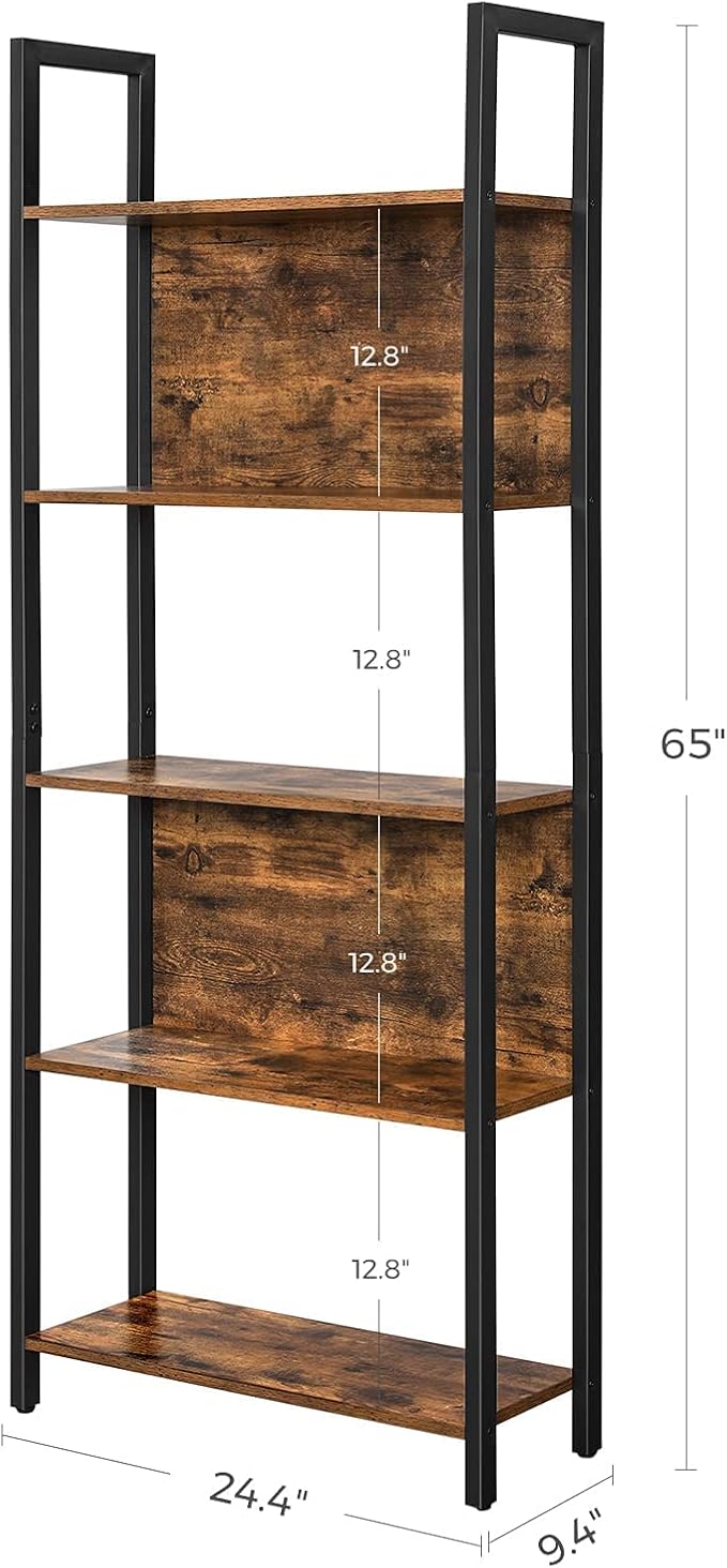 VASAGLE 5-Tier Bookshelf, Book Shelf, Industrial Bookcase, with Steel Frame, for Living Room, Home Office, Bedroom, 9.4 x 24.4 x 65 Inches, Rustic Brown and Black ULLS025B01