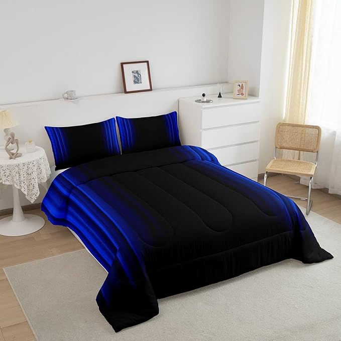 Geometric Abstract Ombre Comforter Set Kids Teens Dark Blue and Black Striped Bedding Bed Set Decor Modern Fashion Comforter Inner Fill Bedroom Collection 3Pcs Queen Size