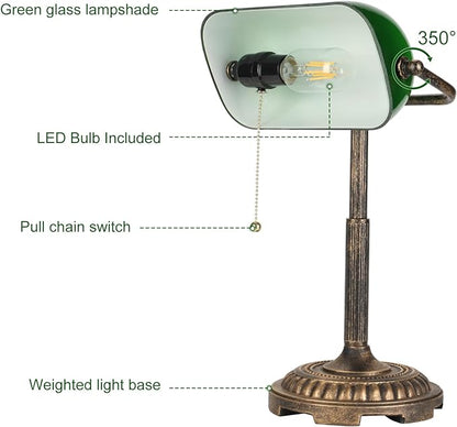 Bankers Lamp, Green Desk Lamp with Pull Switch, Vintage Table Lamps for Home Office, Library, Piano LED Bulb Included (Green)