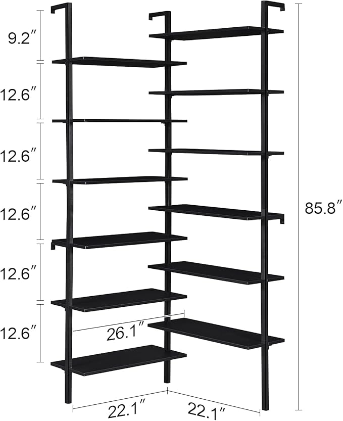 HOMISSUE Corner Bookshelf, 12-Tier L Shaped Bookshelf, Double Wide Corner Wall Mount Bookcase with Metal Frame and Wood, Modern Industrial Corner Shelf for Living Room, Kitchen, Home Office Black
