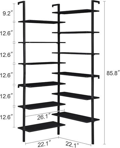 HOMISSUE Corner Bookshelf, 12-Tier L Shaped Bookshelf, Double Wide Corner Wall Mount Bookcase with Metal Frame and Wood, Modern Industrial Corner Shelf for Living Room, Kitchen, Home Office Black