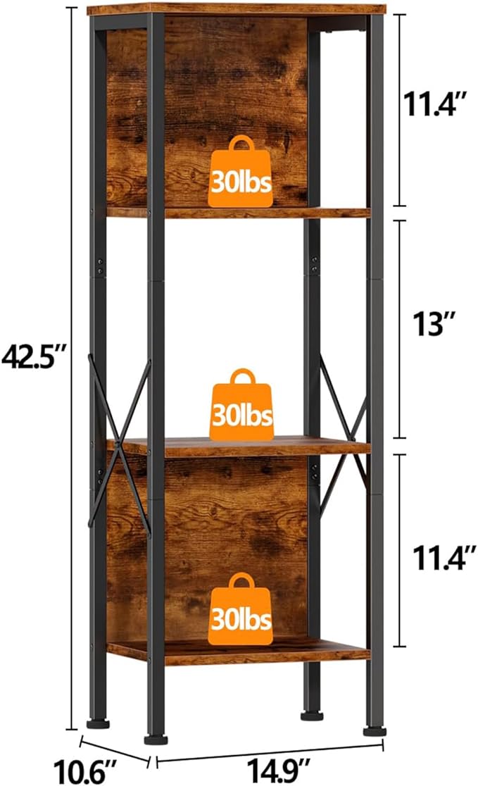 Furologee 4 Tier Small Bookshelf with Back, Short Narrow Bookcase with Shelves, Industrial Freestanding Shelf Units, Metal and Wooden Display Storage Rack for Bedroom, Living Room, Office, Entryway