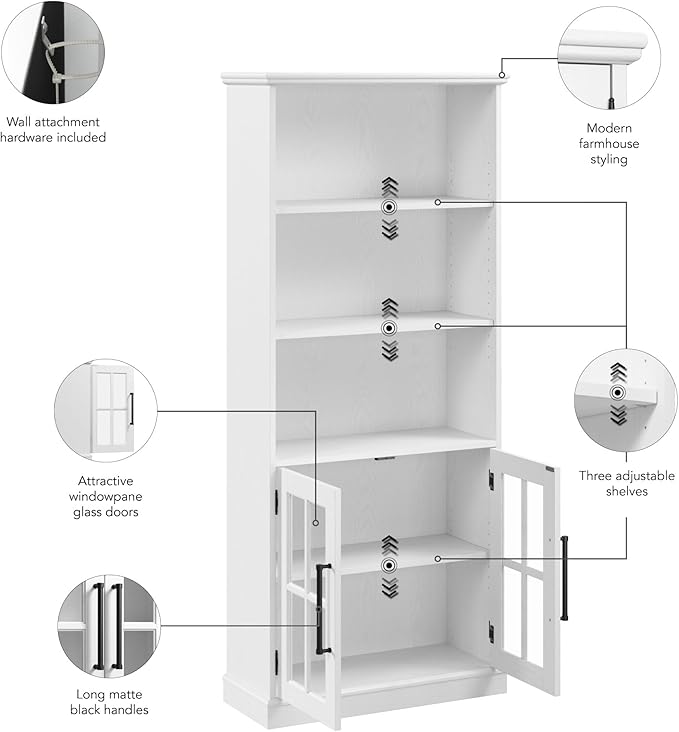 Bush Furniture Westbrook Tall 5 Shelf Bookcase with Glass Doors in White Ash | Farmhouse Bookshelf Cabinet for Living Room and Home Office