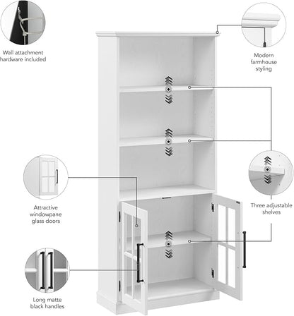 Bush Furniture Westbrook Tall 5 Shelf Bookcase with Glass Doors in White Ash | Farmhouse Bookshelf Cabinet for Living Room and Home Office