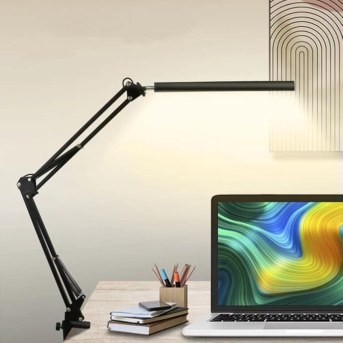 Desk Lamp,12W Eye-Caring Metal Swing Arm Desk Lamp with Clamp, 20 Brightness Dimmable Clamp Desk Light with Memory Function, 360 Degree Spin Architect Table Desk Lamps for Dorms, Studios Reading