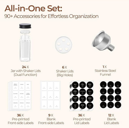 ComSaf Glass Spice Jars with with Labels 4 oz 24 Pack Small Square Bulk Set | Empty Containers, Seasoning Herb Powder, Salt Pepper Chili, Spice Rack Organization, Kitchen Cabinet Storage, Funnel Included