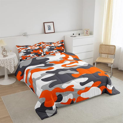 Feelyou Full Size Camouflage Comforter Set 3Pcs Kids Bedding Set for Boys Girls Teens 1 Comforter & 2 Pillowcases(Full,Orange)