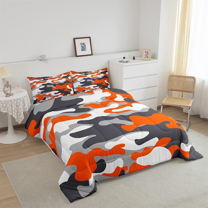 Feelyou Queen Size Camouflage Comforter Set 3Pcs Kids Bedding Set for Boys Girls Teens 1 Comforter & 2 Pillowcases(Queen,Orange)