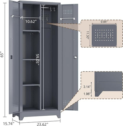 GREATMEET 65" Garage Storage Cabinet, Broom Closet Storage Cabinet, Metal Cabinets with Doors and Shelves, Utility Closet for Brooms and Mops, Utility Cabinets for Storage, Grey