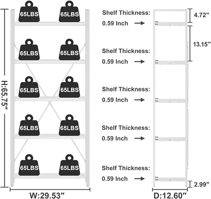 FATORRI 5 Tier Bookshelf, Metal and Wood Bookcase, Etagere Book Shelf for Display, Modern Shelving Unit Tall Book case for Home Office, Living Room, Bedroom (White Oak)