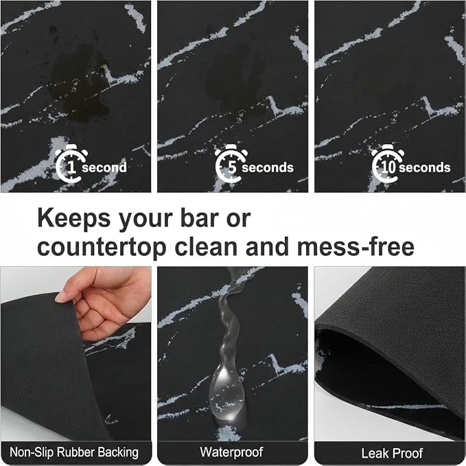 ZLR XXL Coffee Bar Mat for Barista Workstation, 20"x24", Marble Black | Pro Home Cafe Station, Absorbent Dish Drying Mat, Stain-Hiding Top, Fits Multi-Appliance, Cup Display & Knock Box