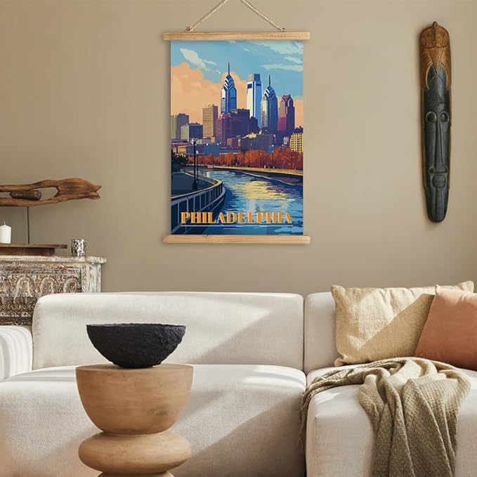 WREVERW Vintage Philadelphia Poster Canvas Print with Wooden Hanger Frame, Featuring Skyline and Schuylkill River, Wall Art for Home and Office Decor, 16x23 inches