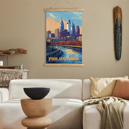 WREVERW Vintage Philadelphia Poster Canvas Print with Wooden Hanger Frame, Featuring Skyline and Schuylkill River, Wall Art for Home and Office Decor, 16x23 inches