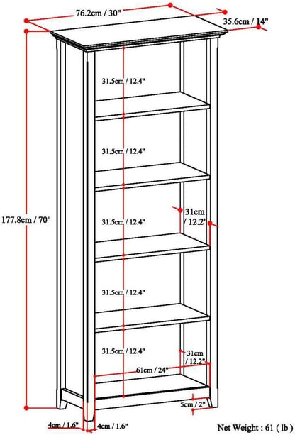 SIMPLIHOME Amherst SOLID WOOD 30 Inch Wide Transitional 5 Shelf Bookcase in Rustic Natural Aged Brown, for The Living Room, Study Room and Office