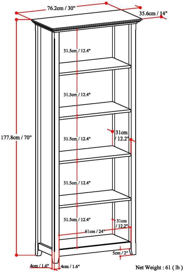 SIMPLIHOME Amherst SOLID WOOD 30 Inch Transitional 5 Shelf Bookcase in Light Golden Brown, For the Living Room, Study Room and Office
