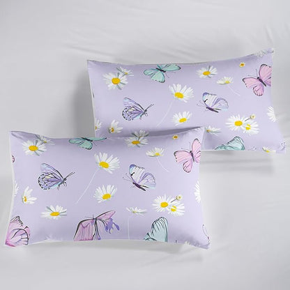 Butterfly Comforter Set for Kids Teens Girls Women,Daisy Kids Comforter,1 Comforter with 2 Pillowcase, Microfiber 3 Piece Bedding Set,for All Seasons(Purple，Twin Size)