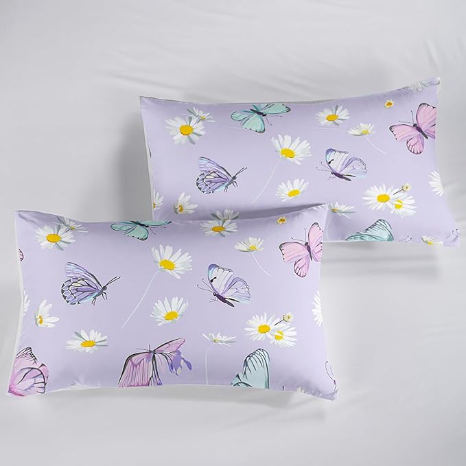 Butterfly Comforter Set for Kids Teens Girls Women,Daisy Kids Comforter,1 Comforter with 2 Pillowcase, Microfiber 3 Piece Bedding Set,for All Seasons(Purple，King Size)