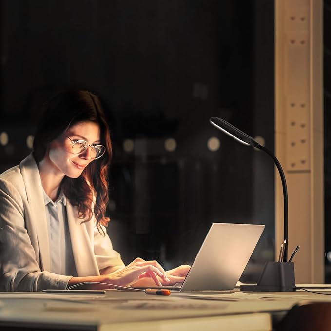 AXX LED Desk Lamp for Home Office, Small Desk Light for Bedrooms, Black Office Lamp for Small Spaces, USB Charging Port, 650LM, Gooseneck, Pen Holder, Study Lamps for College Dorm Room