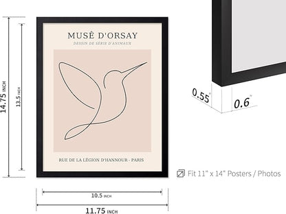 Poster Master Vintage Poster - Retro One Line Hummingbird Drawing Print - Bird Line Art - Minimal Gift for Him, Her, Animal Lover - Abstract Decor for Home, Office, 11x14 Black Framed