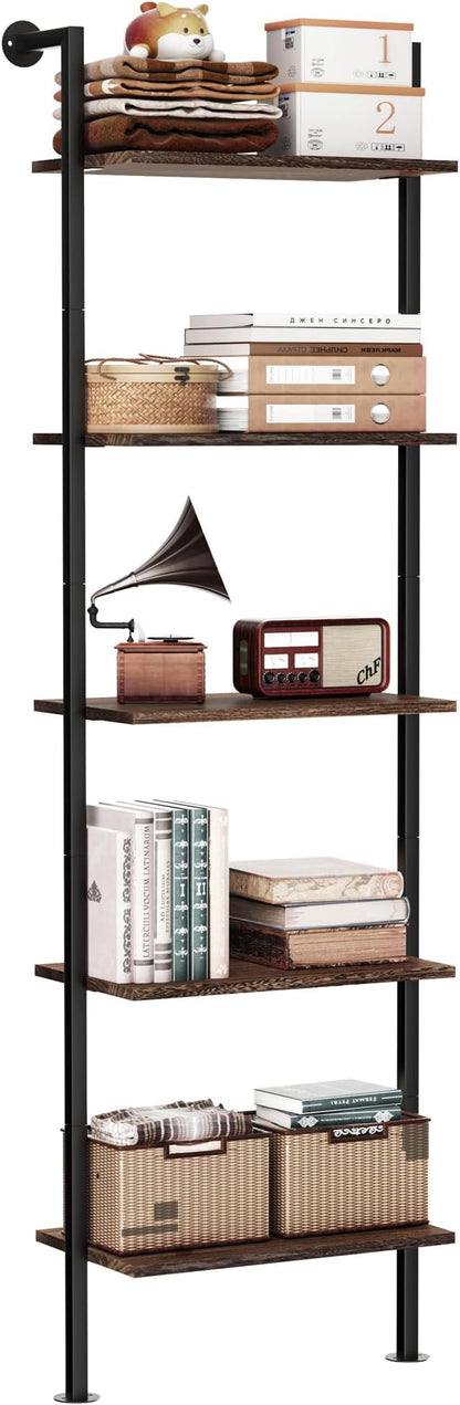 5-Tier Bookshelf Solid Wood Ladder Shelf, Narrow Book shelf Display Shelf, Wooden Ladder Shelf Bookcase, Wall Mount Ladder Shelf, Storage Rack for Living Room, Bedroom, Industrial Style, Dark Brown