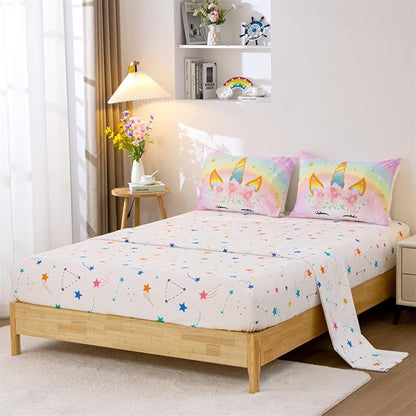 NTBED Unicorn Twin Comforter Set with Sheets,5 Pieces Kids Bedding Sets for Girls, Lightweight Microfiber Star Floral Bed in a Bag, Rainbow