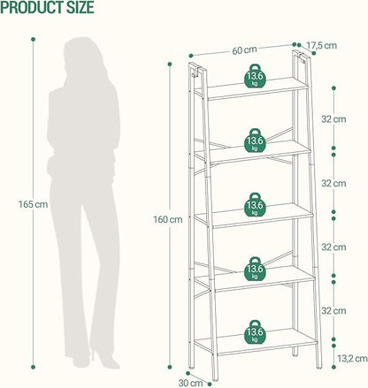 Ladder Shelf, Bookshelf Bookcase, Freestanding Corner Storage Shelve with 2 Hooks for Home Office, Living Room, Kitchen, Bedroom, Industrial, 5-Tier Black BC19304B