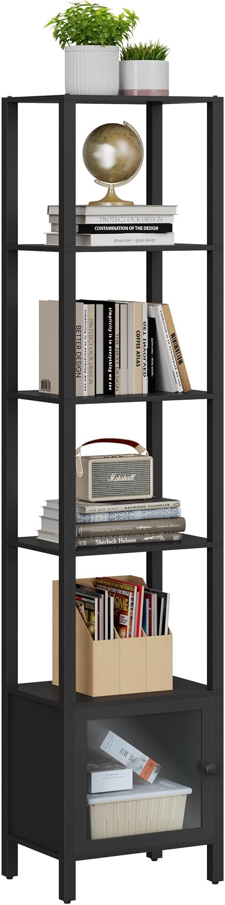 TUTOTAK 6 Tier Bookcase and Bookshelf, Narrow Book shelf with Door for Small Space, for Living Room, Office, Study, Entryway, Black BS03BK006