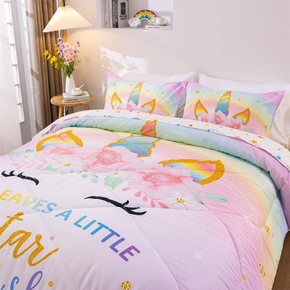 NTBED Unicorn Twin Comforter Set with Sheets,5 Pieces Kids Bedding Sets for Girls, Lightweight Microfiber Star Floral Bed in a Bag, Rainbow